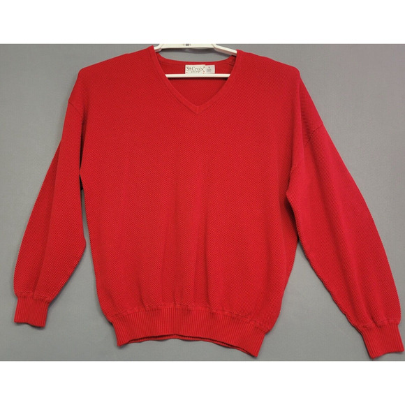 Vintage St. Croix Knits Sweater Mens Medium Red V-neck Textured Long Sleeves - Picture 1 of 12